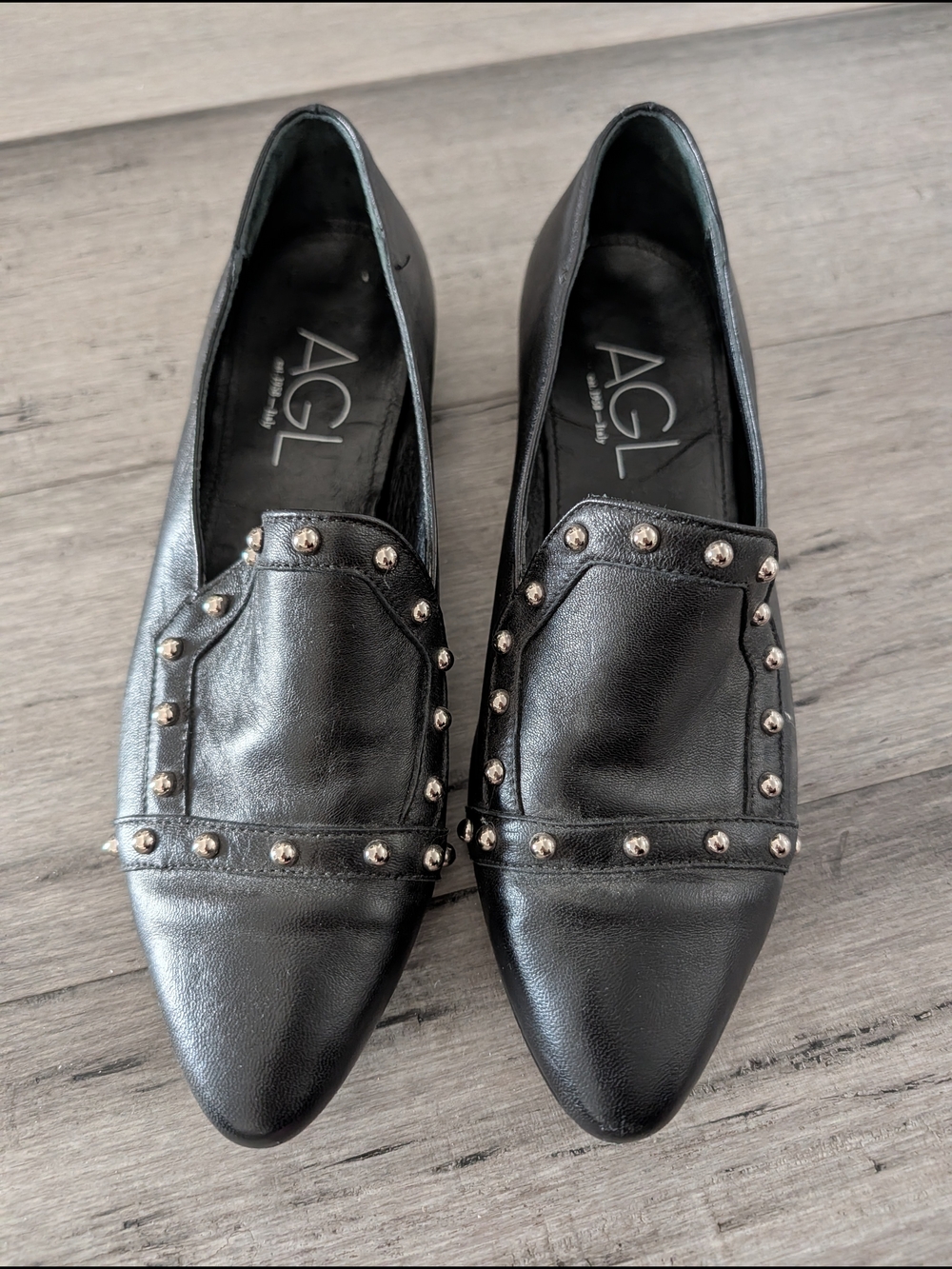 AGL Black Studded Leather Pointed Loafers